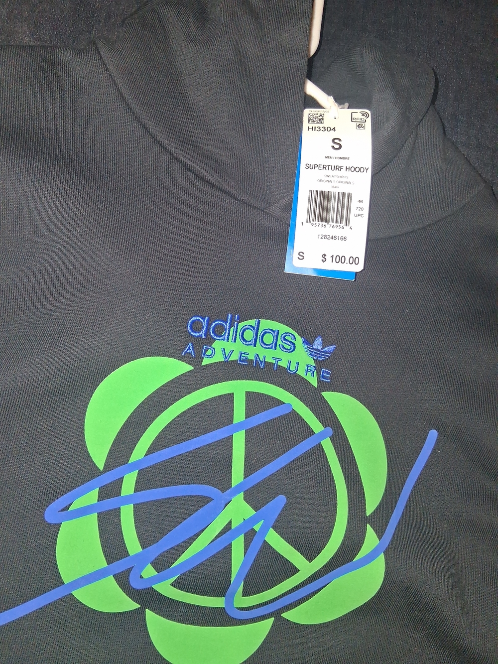 adidas Adventure Black Hoodie with Green & Blue Graphic